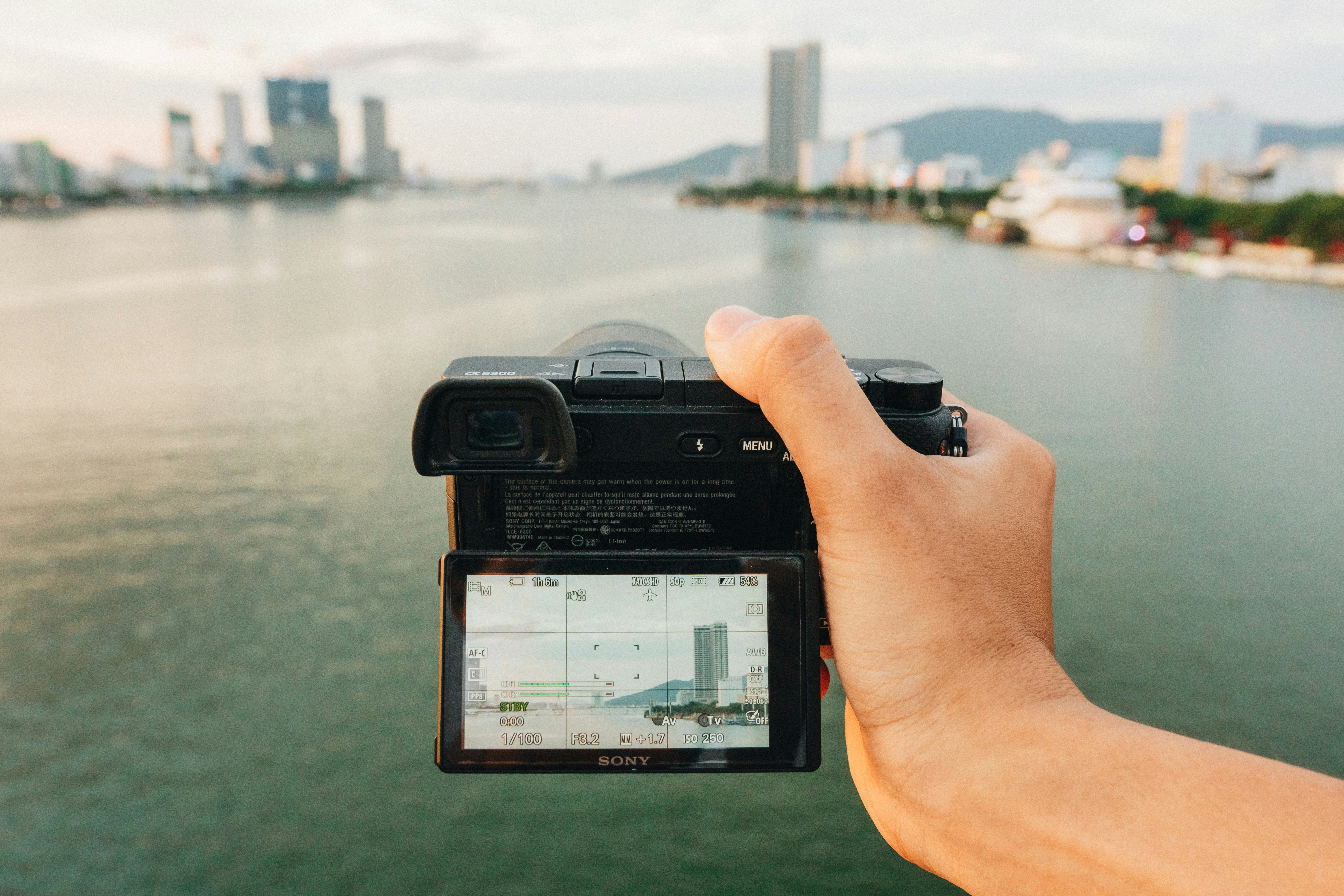 A hand holding a Sony camera with city view blurred behind