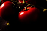 Close-up of ripe red tomatoes on a white background.