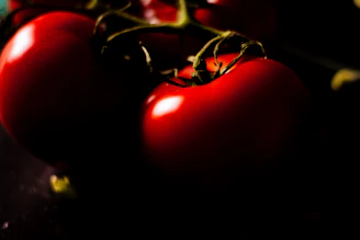 Close-up shot of ripe, deep crimson tomatoes on a rustic parchment background.