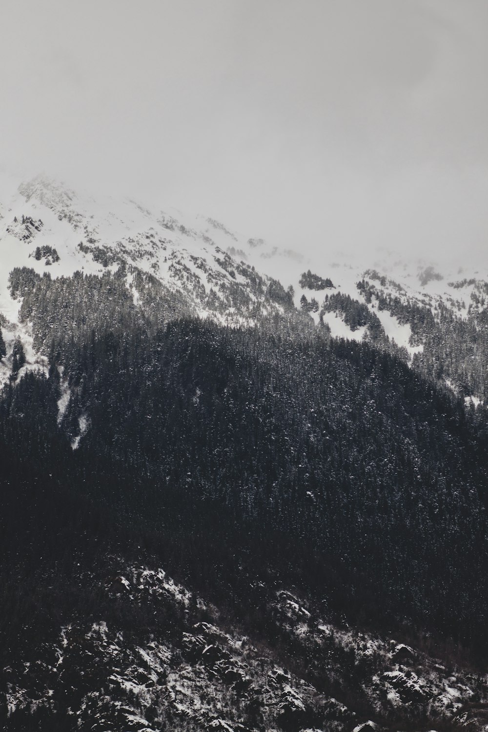 a black and white photo of a snowy mountain