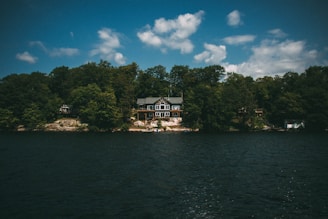 A house with large windows nestled among dense green trees along a rocky shoreline, with the calm surface of a lake in the foreground under a partly cloudy sky.