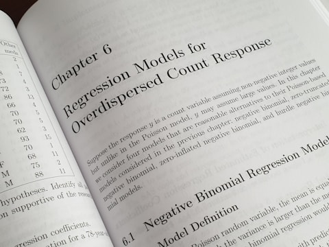 A textbook is open to Chapter 6, titled 'Regression Models for Overdispersed Count Response.' The page discusses various statistical models, including the negative binomial regression model, providing mathematical explanations and theoretical backgrounds.