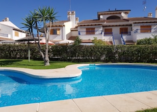 white and blue swimming pool near white and brown house