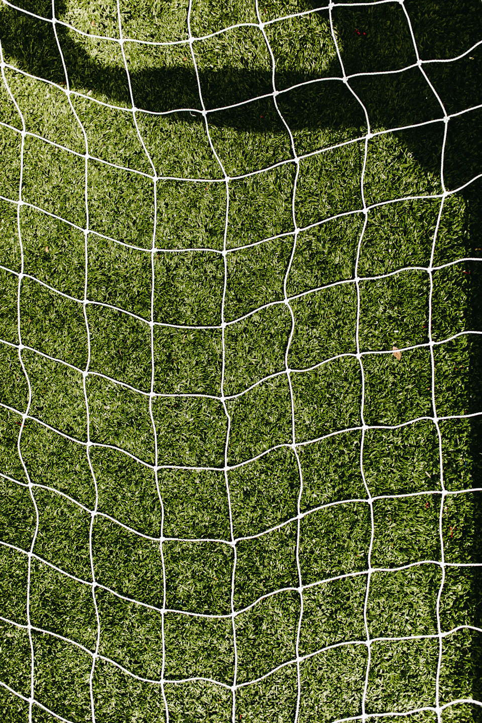 Close-up view of soccer goal net with white mesh panels in a grid pattern