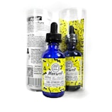 A blue glass dropper bottle labeled 'Maxwell CBD Stress Less' with bright yellow accents and patterns. It is accompanied by a cylindrical clear container that has black text detailing product information and directions. The packaging has a modern and clean design.