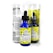 A blue glass dropper bottle labeled 'Maxwell CBD Stress Less' with bright yellow accents and patterns. It is accompanied by a cylindrical clear container that has black text detailing product information and directions. The packaging has a modern and clean design.