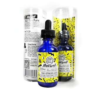 A blue glass dropper bottle labeled 'Maxwell CBD Stress Less' with bright yellow accents and patterns. It is accompanied by a cylindrical clear container that has black text detailing product information and directions. The packaging has a modern and clean design.