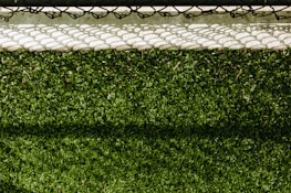A lush green artificial turf surface is bordered at the top by a concrete edge, which has a metal chain-link fence casting a patterned shadow upon it.