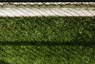 A lush green artificial turf surface is bordered at the top by a concrete edge, which has a metal chain-link fence casting a patterned shadow upon it.