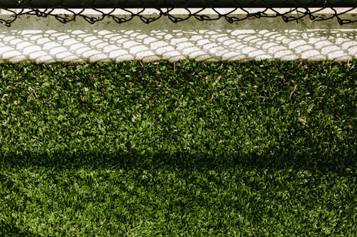 A lush green artificial turf surface is bordered at the top by a concrete edge, which has a metal chain-link fence casting a patterned shadow upon it.
