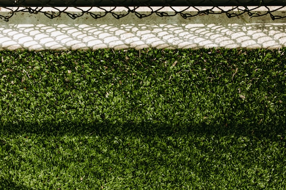 A lush green artificial turf surface is bordered at the top by a concrete edge, which has a metal chain-link fence casting a patterned shadow upon it.