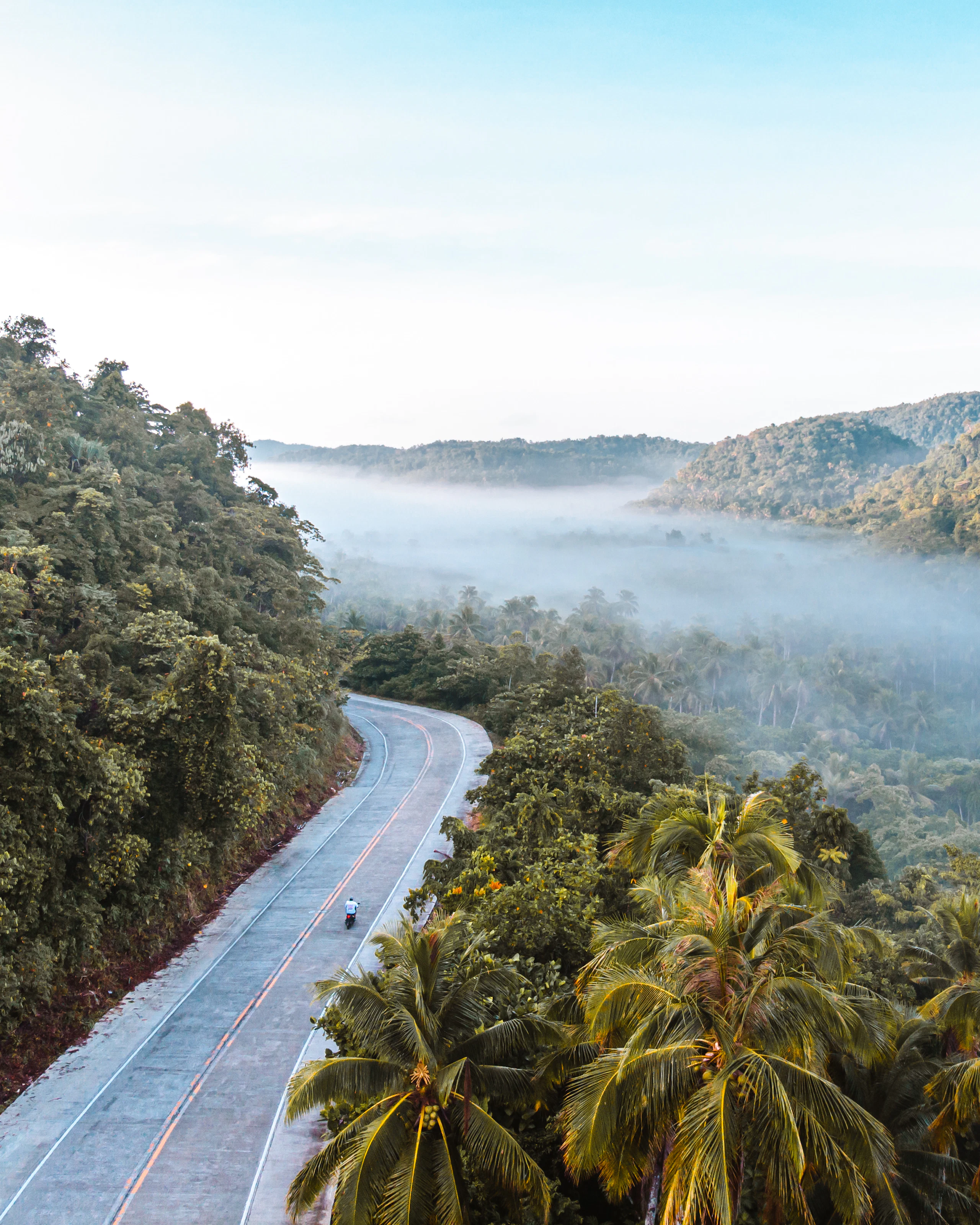 A tricycle on an empty road through coconut palms in Siargao, late afternoon