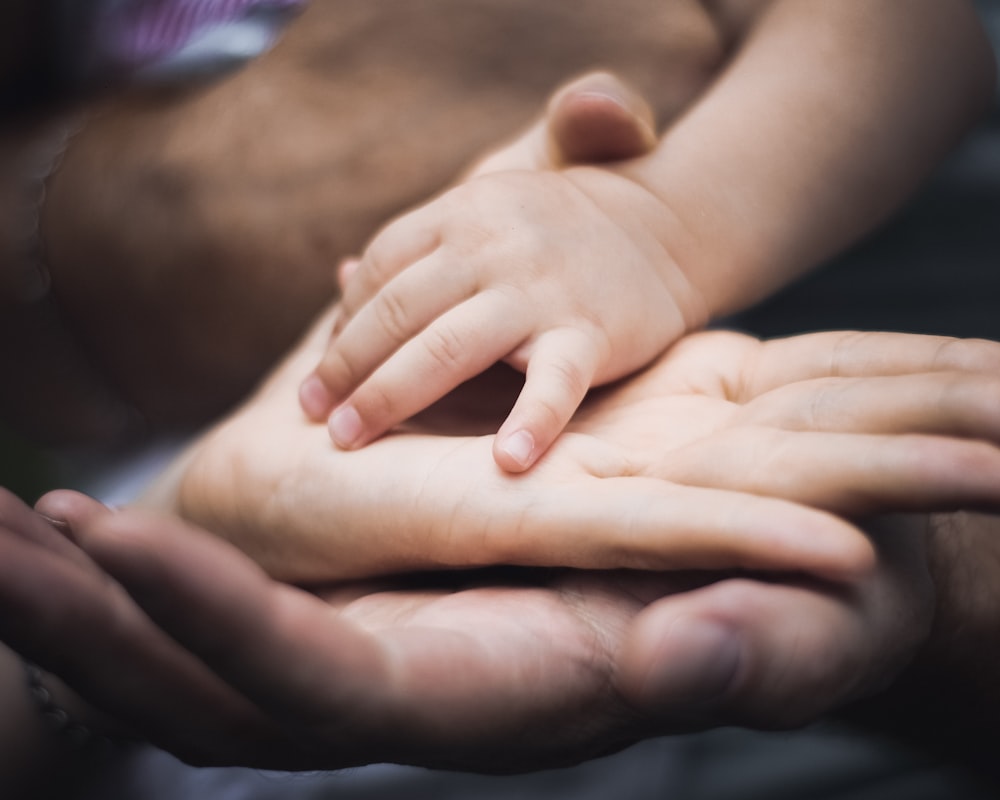 Mano del bambino sui palmi della madre e del padre