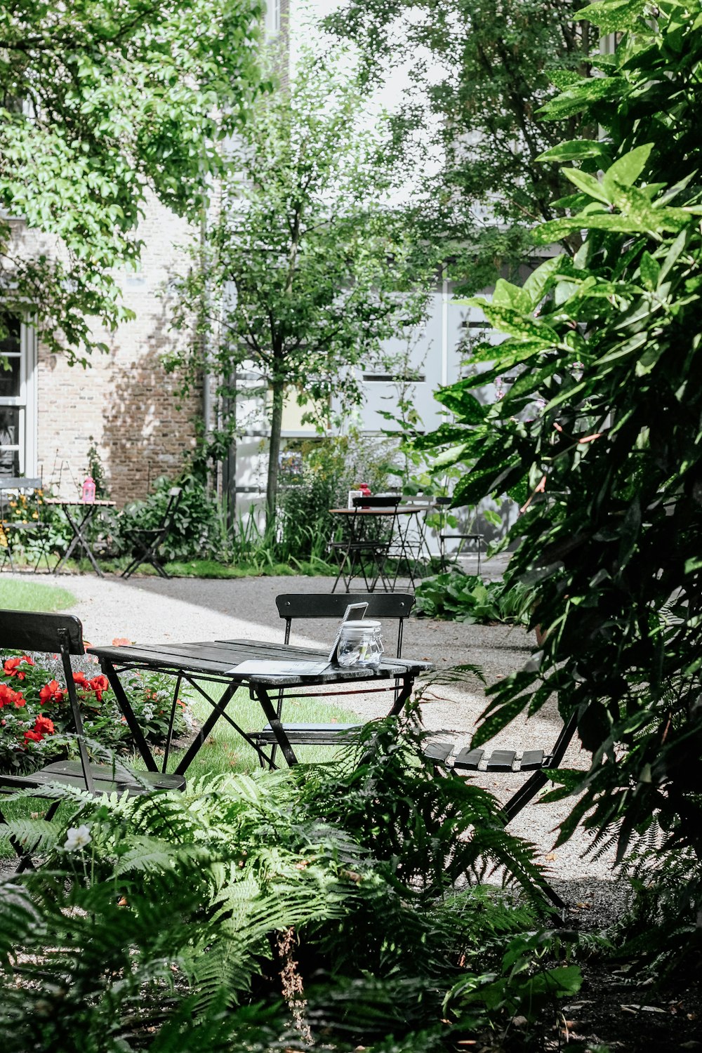 empty table near trees