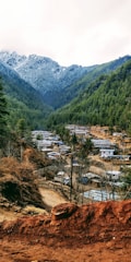 A mountainous landscape with dense green forests covering the slopes and peaks dusted with snow. A small village with wooden houses and tin roofs is nestled in the valley, surrounded by earthy paths and sparse trees.