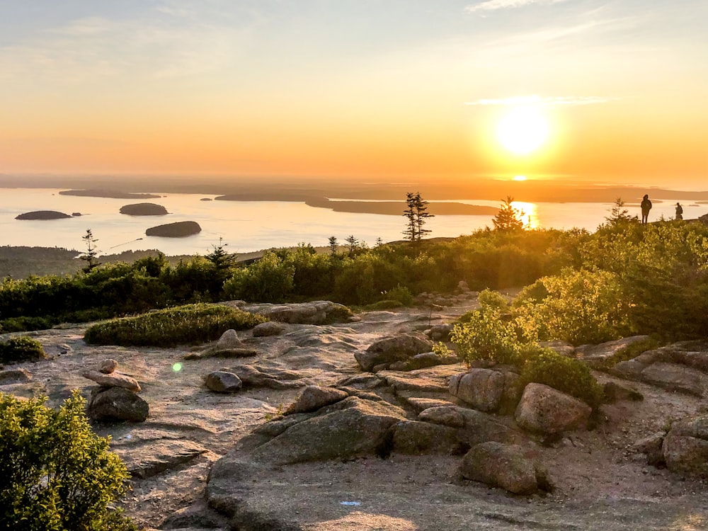 rocks near green field viewing blue sea during sunrise