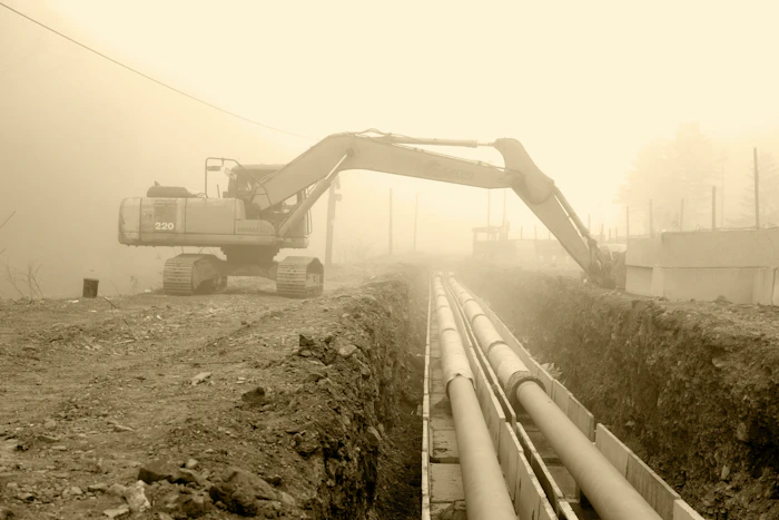 Excavator working beside pipeline sections