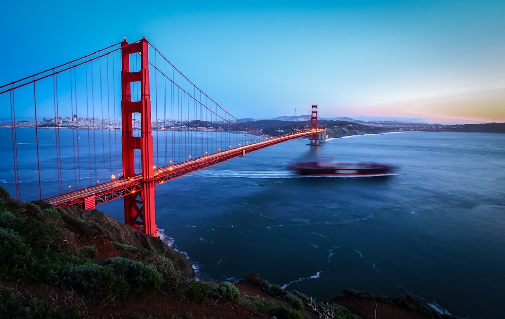 red bridge at golden hour