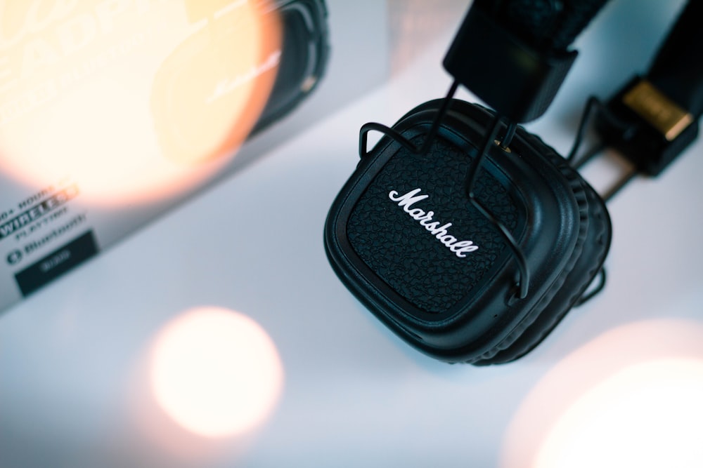 closeup photo of Marshall headphones