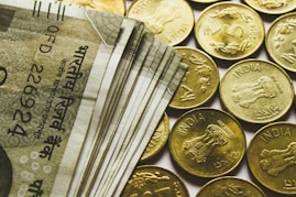 round gold-colored rupee coins and banknotes