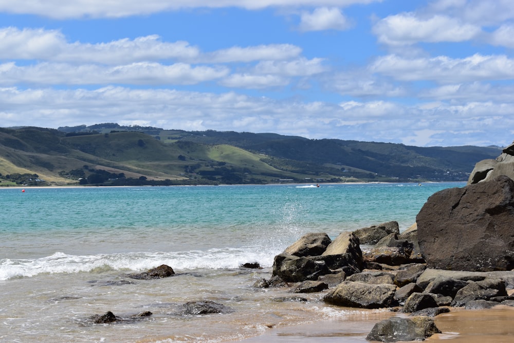 brown rocks near body of water