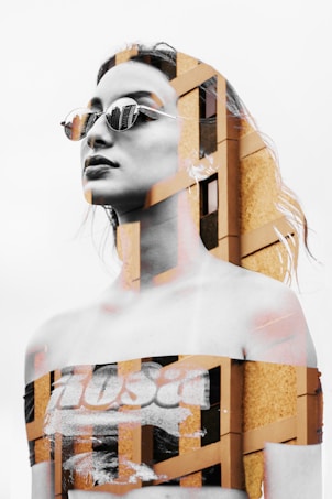 A black and white artistic overlay of a woman's portrait blended with architectural elements, such as building structures. The woman is wearing sunglasses and a tube top with text, capturing a modern and urban vibe.