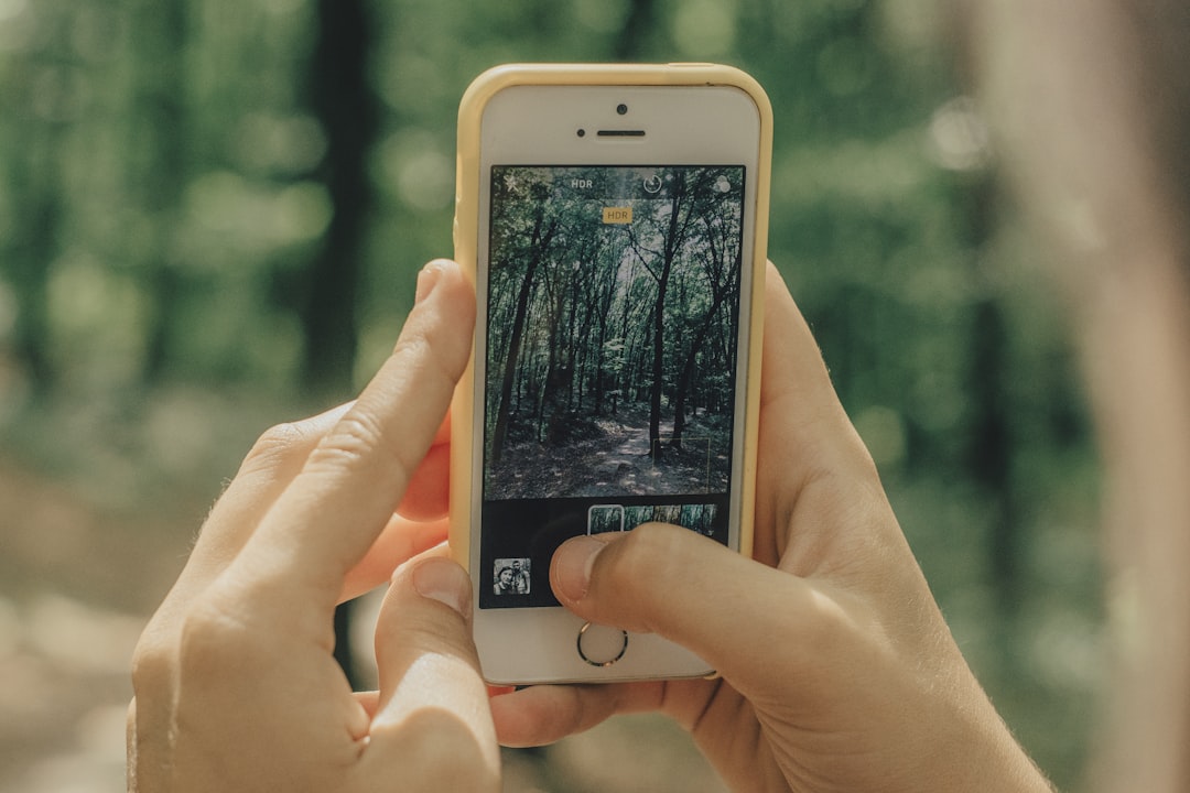 woman taking a picture of trees using iPhone