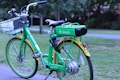 A green electric bike with a basket and labeled 'Lime-E' is parked on a paved path in a grassy park. The bike has a prominent yellow rear wheel cover and is equipped with a motor on the rear wheel.