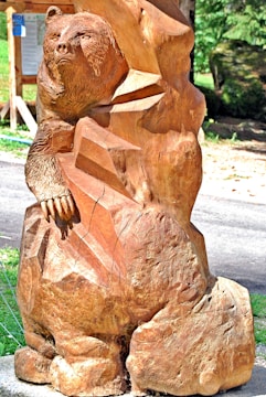 A detailed wooden sculpture of a bear is displayed outdoors. The carving showcases intricate details in the bear's fur and facial features, with a focus on capturing the animal's natural appearance. The sculpture is positioned on a stone base, set against a natural backdrop of greenery, indicating a park or garden setting.