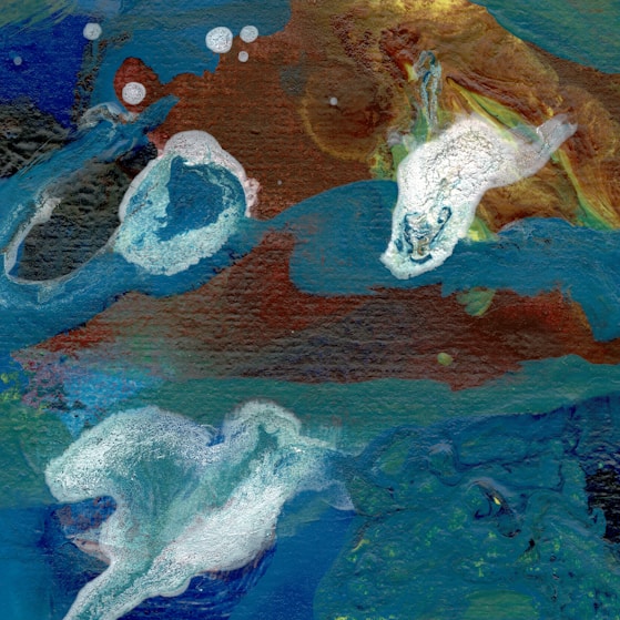 Vibrant close-up of a swirling blue and green acrylic painting with textured brush strokes.