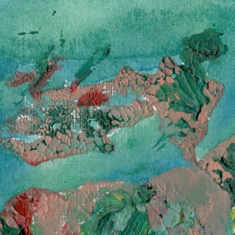 An abstract painting featuring a textured surface with layers of green and earthy hues. The composition includes swirls and patches of darker tones, with hints of red and white scattered throughout, giving the image a lively yet organic feel.