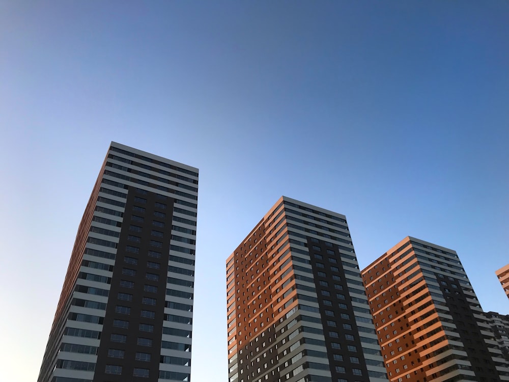 low-angle photography of high-rise buildings under calm blue sky