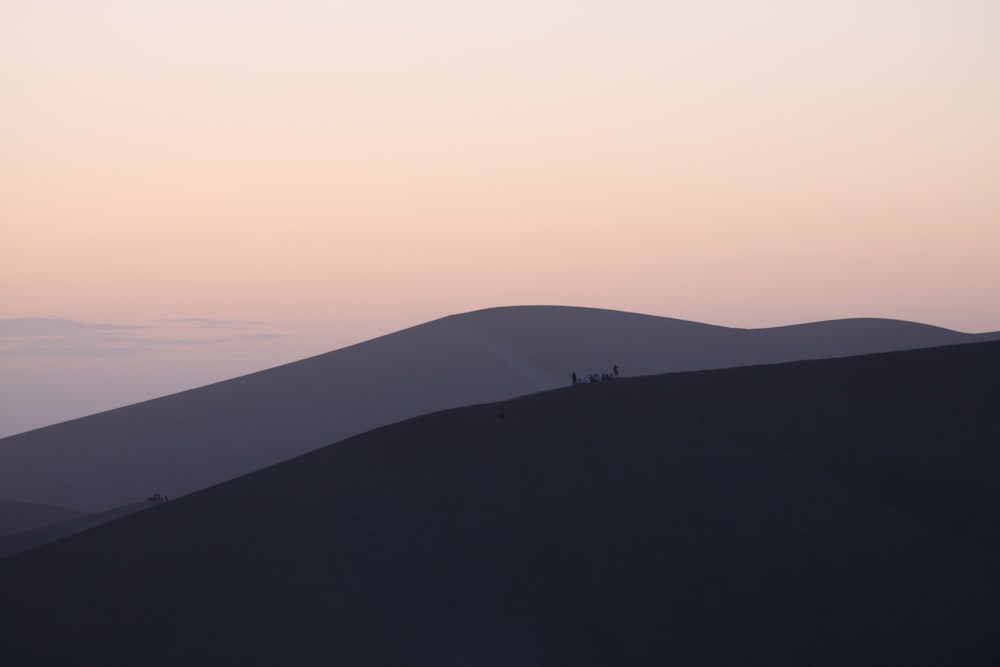 a group of people standing on top of a sand dune