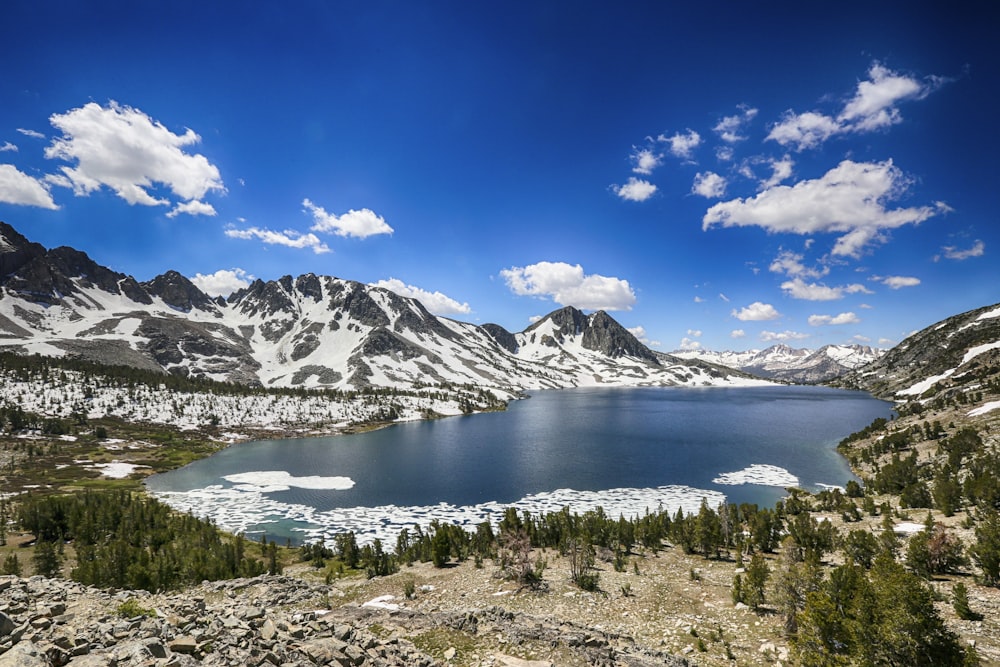 a lake surrounded by snow covered mountains under a blue sky