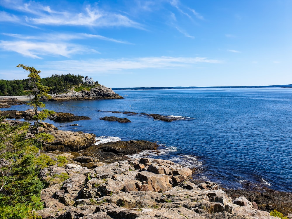 a rocky shore with a small island in the distance