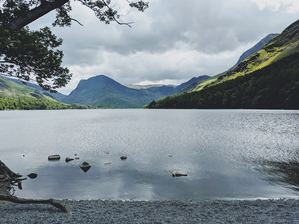 lake and grass mountains