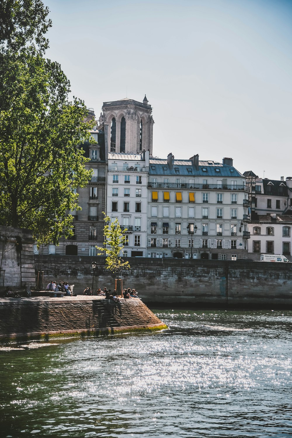 people sitting on pavement beside body of water