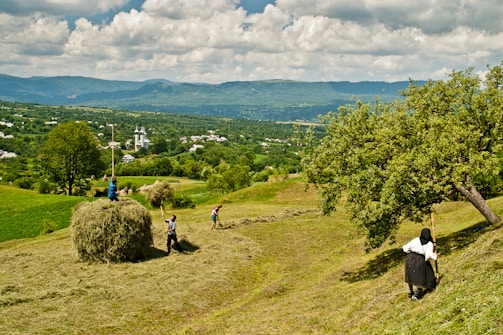Traditional Turkish village landscape with people working together.