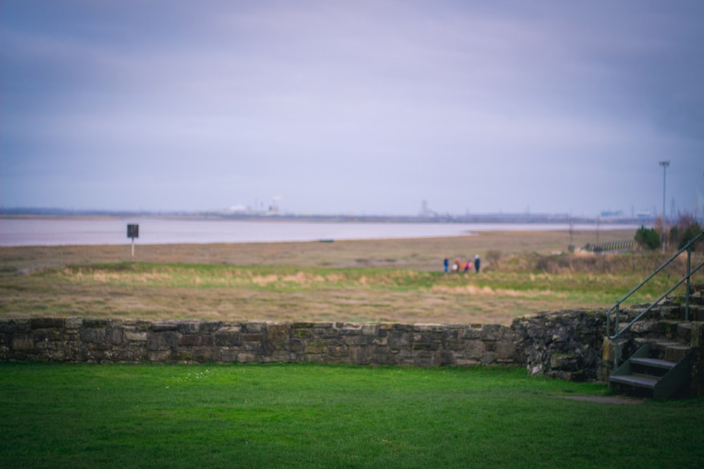 a grassy field with stairs leading up to a body of water