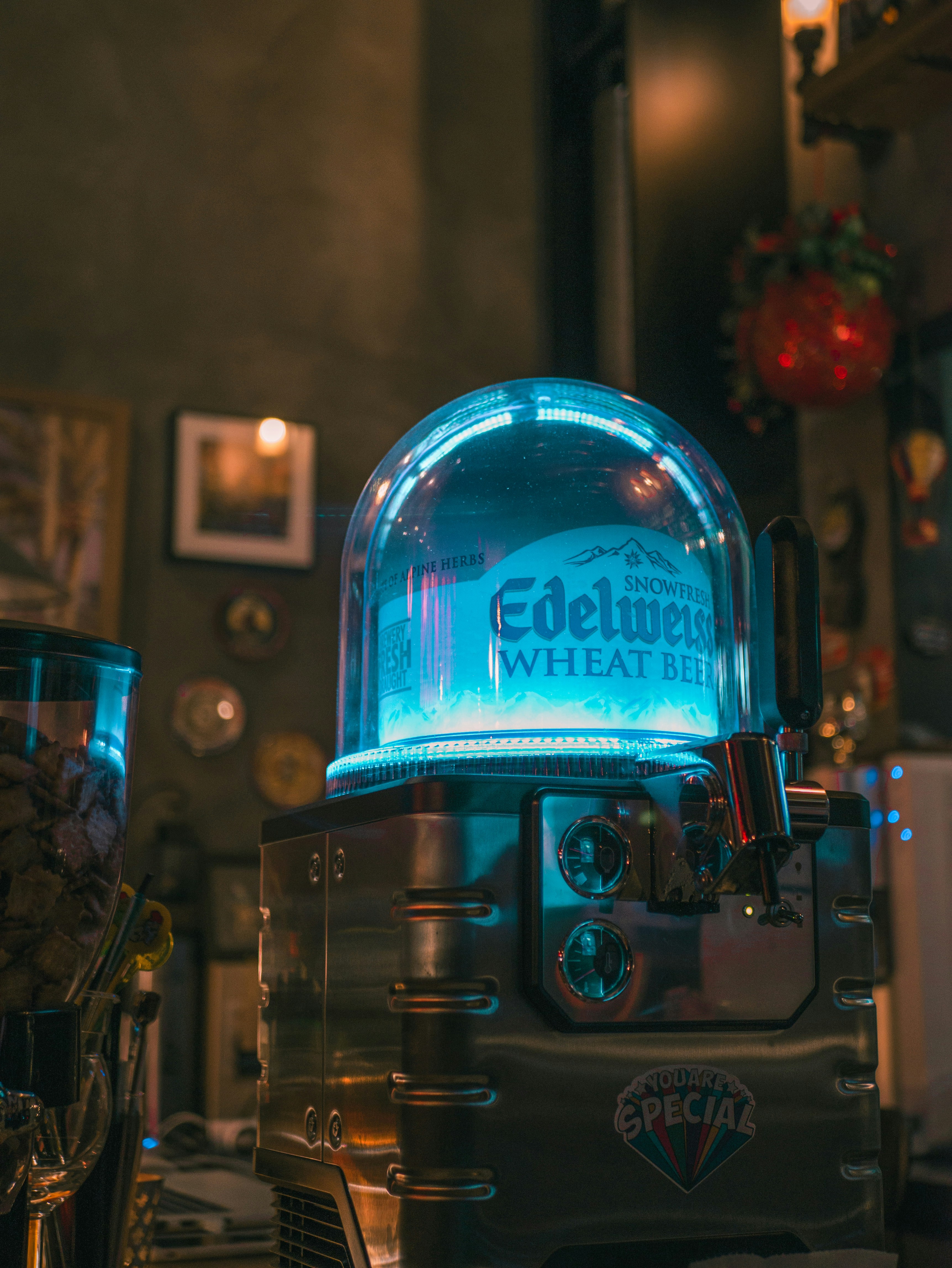 gray and blue lighted table lamp