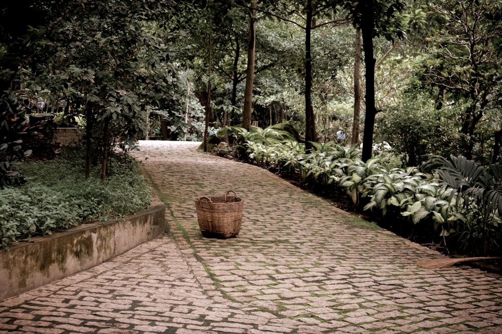 empty wicker basket on pavement