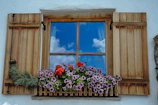 A rustic wooden window opening to a garden full of blooming flowers.