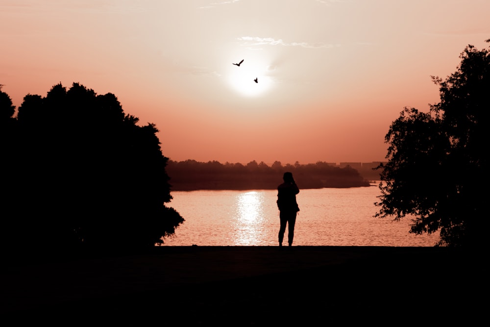 silhouette of woman standing near body of water