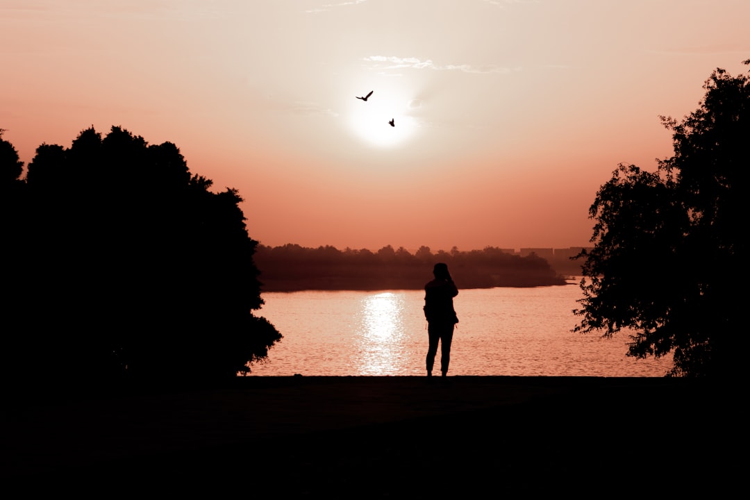 silhouette of woman standing near body of water,