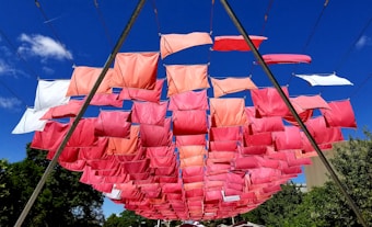 A collection of red and pink fabric panels suspended in the air, creating a canopy effect. The panels are arranged in a grid-like pattern, supported by cables and metal structures. The backdrop is a clear blue sky with a few clouds and green foliage at the bottom.