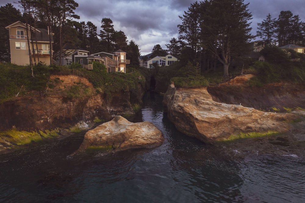 body of water and white houses