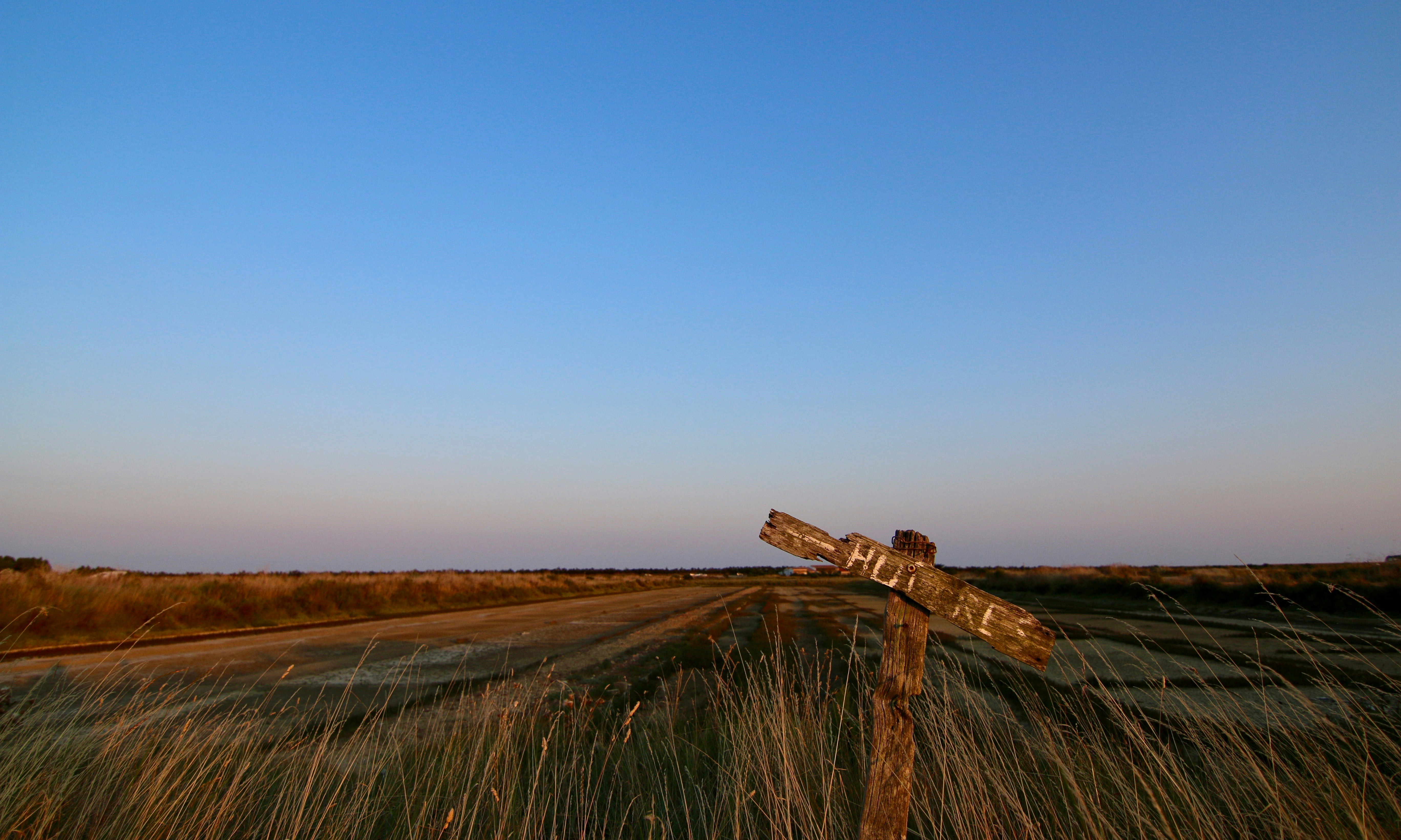 a wooden sign sitting on the side of a road