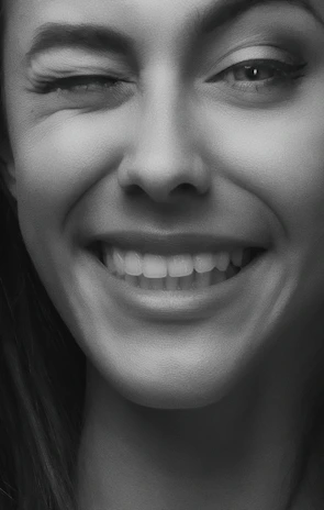 Close-up of a woman’s smile with a playful, inviting gaze.