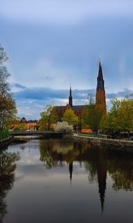 body of water beside cathedral at daytime