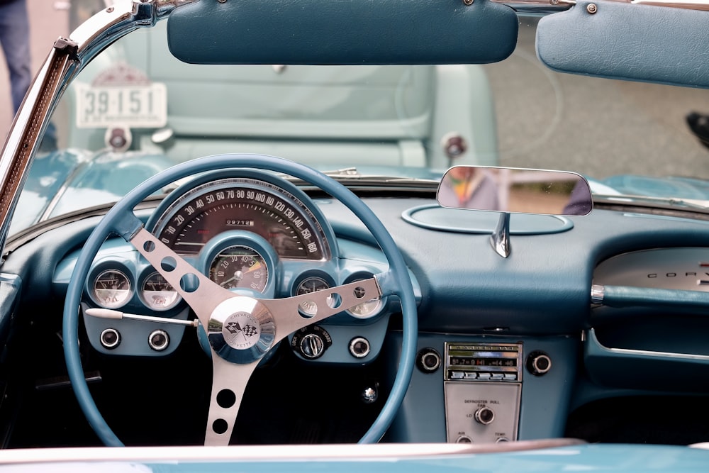 blue and chrome steering wheel
